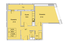 2-х комнатная квартира, улица Советская, дом 6, площадь 72,05, этаж 15